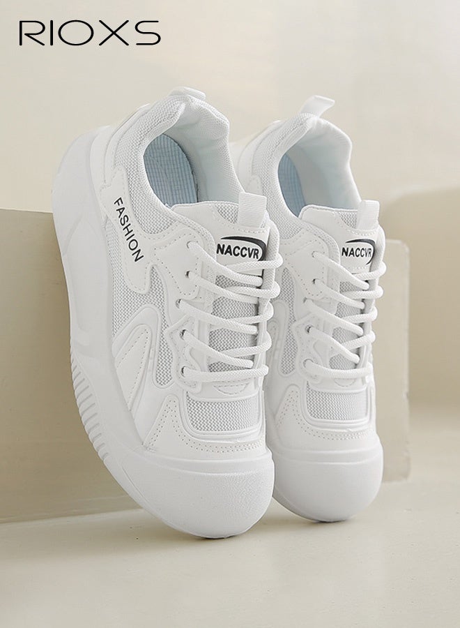 RIOXS Women's Breathable Casual White Sneakers, Fashionable Lace-Up Low-Top Thick-Sole Shoes, Classic Round Toe Comfortable Thick Sole, Versatile Everyday Style for Fashion and Practicality, White - Image 4